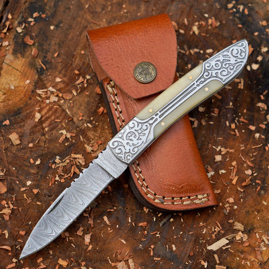 Ivory Edge: 8" Handmade Green Camel Bone Handle Folding Pocket Knife With Engraved Frame Work