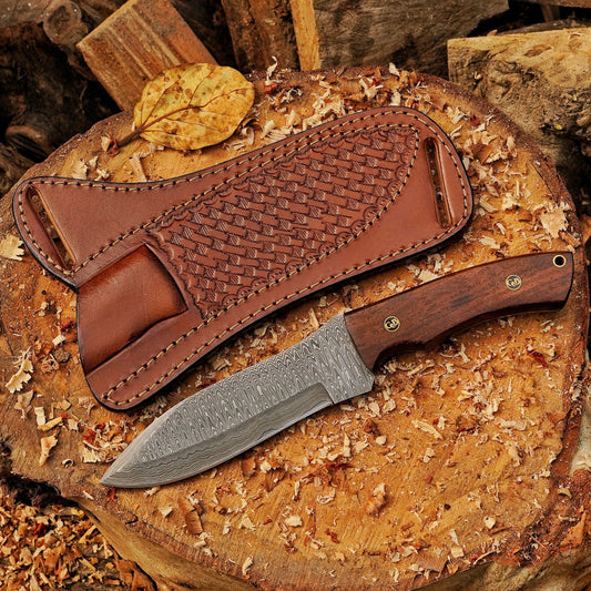 Razorwind - 11" Full Tang Hand Forged Damascus Hunting Knives with Walnut Wood Handle
