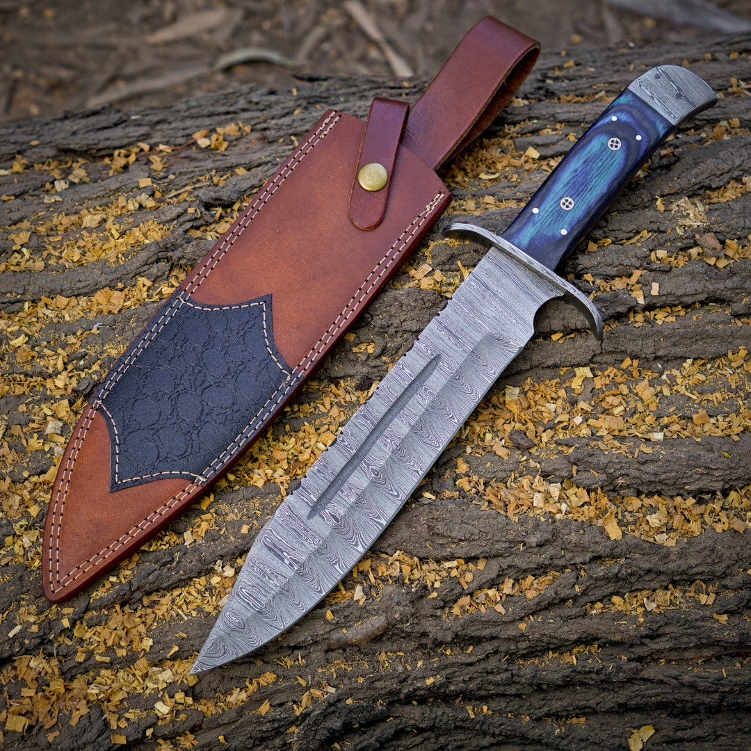 River Runner: 15" Handmade Damascus Steel Bowie Knife- Full Tang - Colored Wood Handle