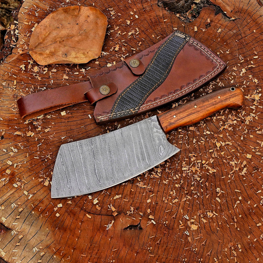 Savage Serenity: 10" Damascus Meat Cleaver with Dark Wood Handle & Leather Sheath, Damascus Steel Cleaver Chopper