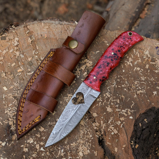 Heart Blade : 10" Full Tang Hand Forged Fixed Blade Gut Hook Damascus Steel Hunting Knife with Leather Sheath