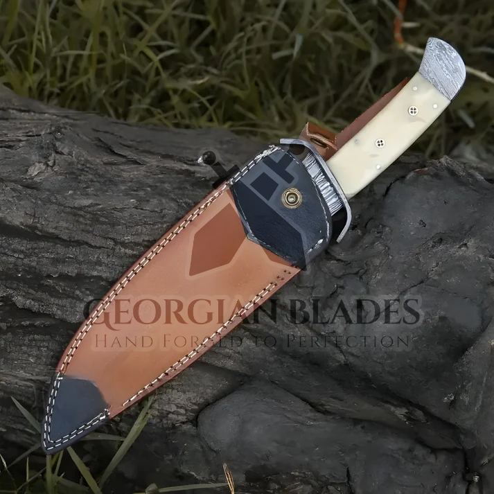 Paul Bunyan Razor - 15" Handmade Damascus Steel Bowie Knife- Full Tang - Camel Bone Handle