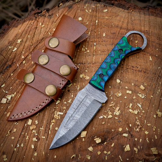 Mystic Blade - Hand-Forged 9" Damascus Steel Hunting Knife with Colored Resin Handle and Leather Sheath– Perfect for Outdoor Enthusiasts