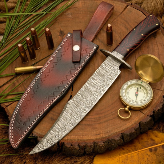 Long Creek Bowie – 15.25" Hand-Forged Damascus Bowie Knife with Leather Sheath