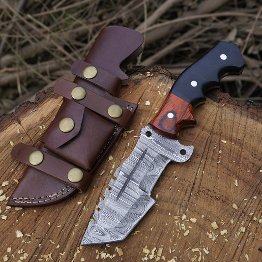 Explorer's Companion: 10” Damascus Steel Tracker Hunting Camping Knife With Resin & Wood Handle