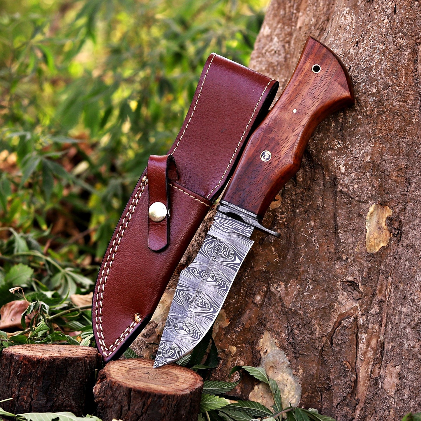 Woodman's Ally - 10.5" Hand Forged Damascus Hunting Knife with Leather Sheath