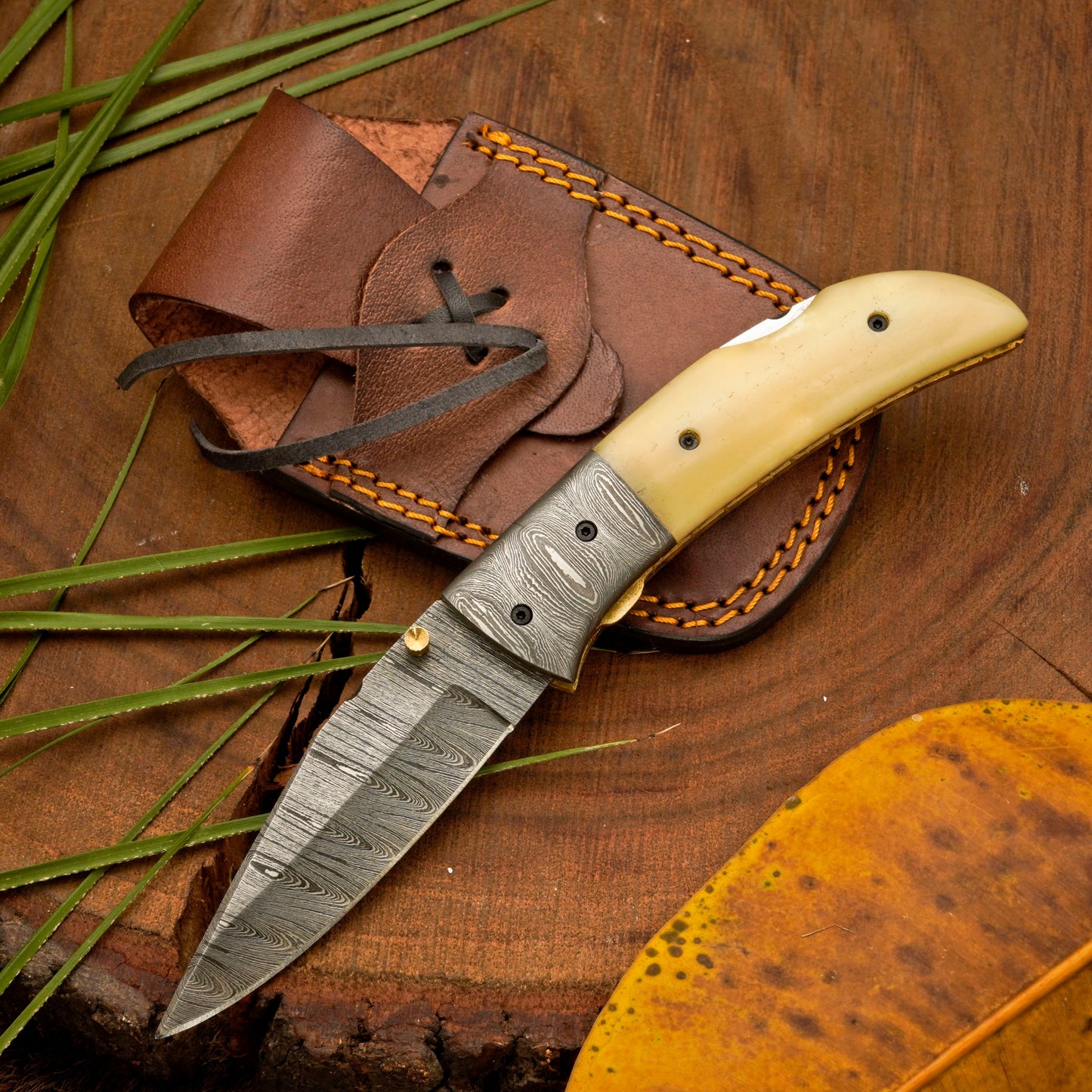 RadiantReach - 8" Hand Forged Damascus Steel Pocket Folding Knife with Leather Sheath