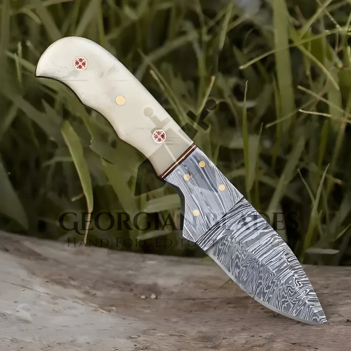 John Henry Slicer - 7.25” Hand Forged Damascus Steel Full Tang Skinner Knife - Camel Bone Handle