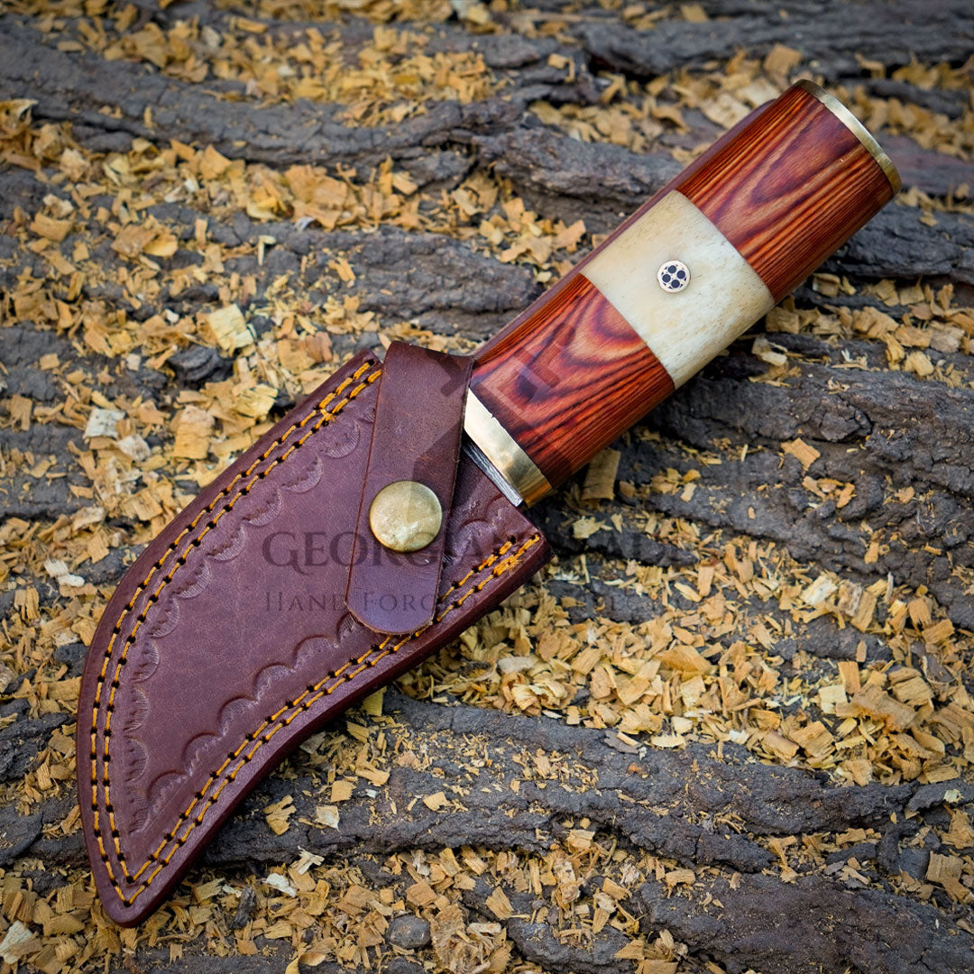 Mike Fink Skinner - CUSTOM HANDMADE FORGED DAMASCUS Steel Hunting Knife Wood & Camel Bone Handle