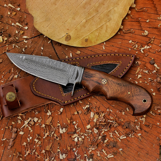 Woodman's Ally - 10.5" Hand Forged Damascus Hunting Knife with Leather Sheath