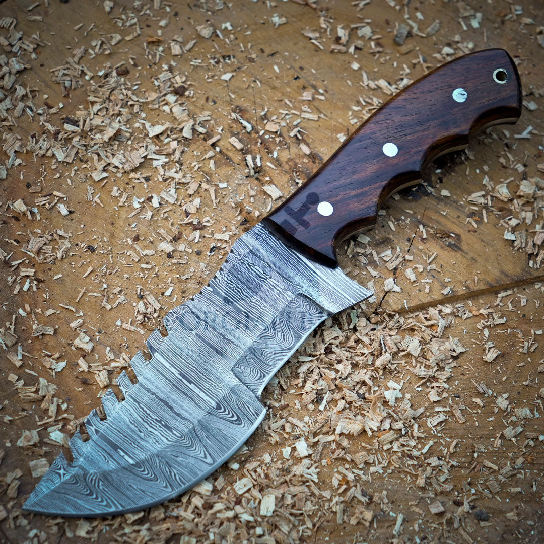 Mystic Mirage Tracker Knife - Hand Forged Damascus Steel Hunting Tracker Wood Handle