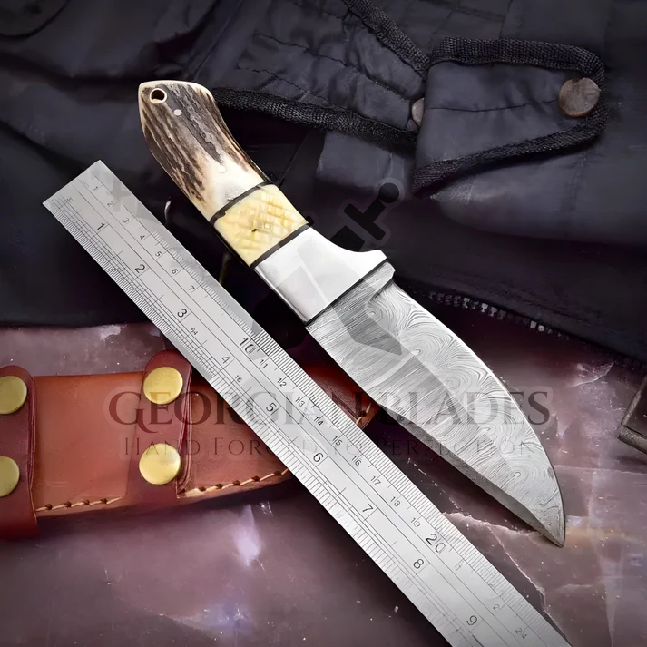 Pecos Pete Slicer: Forged Damascus Steel Skinner Knife EDC 9” -V3 With Stag Antler & Engraved Camel Bone Handle