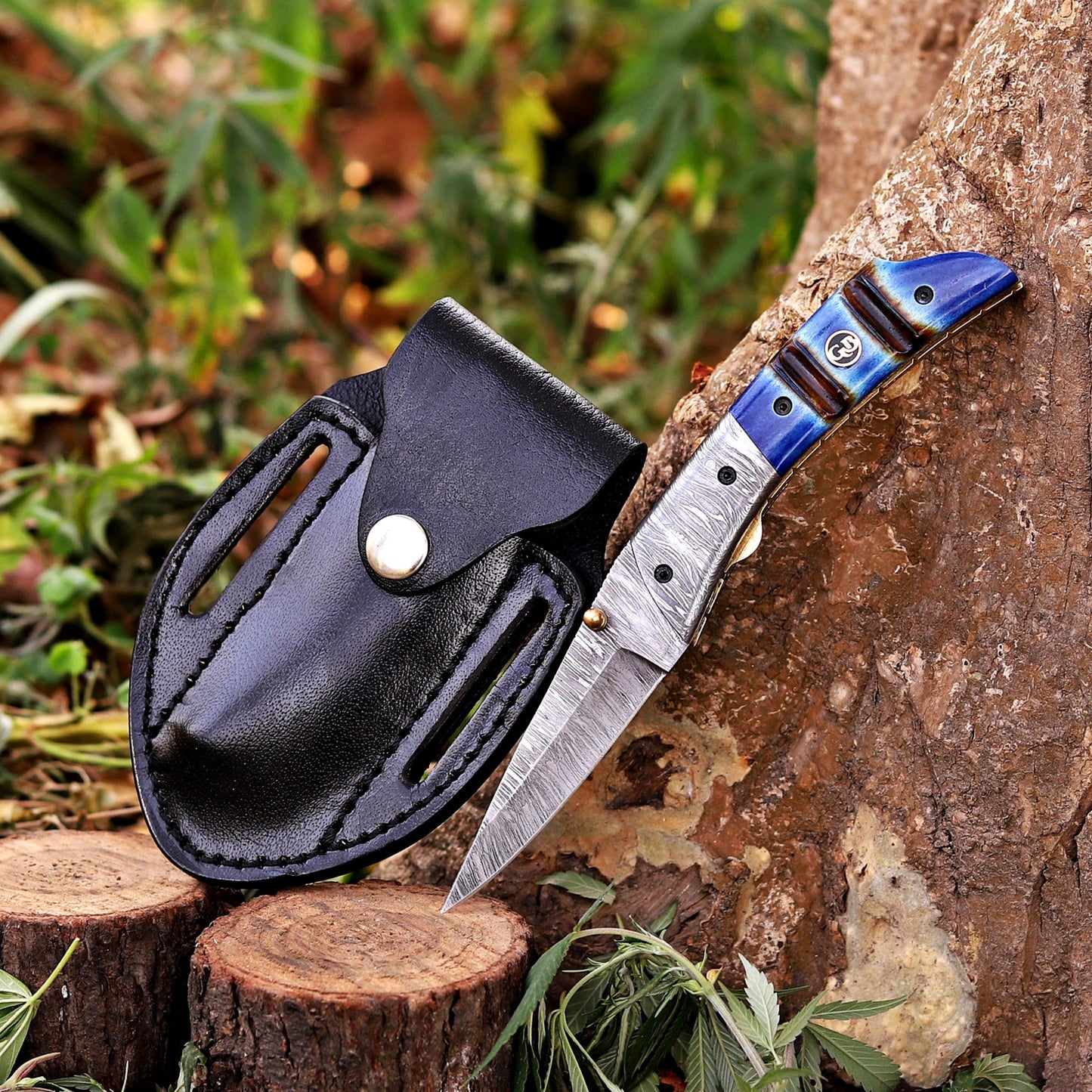 The Sullivan Folder 7.5-inch Hand Forged Damascus Steel Pocket Knife with Leather Sheath