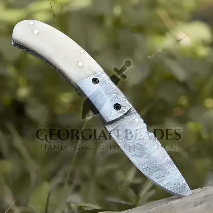 Cartilage Cutter: Hand Forged Damascus Steel Hunting Folding Knife With Damascus Bolster & Camel Bone Handle