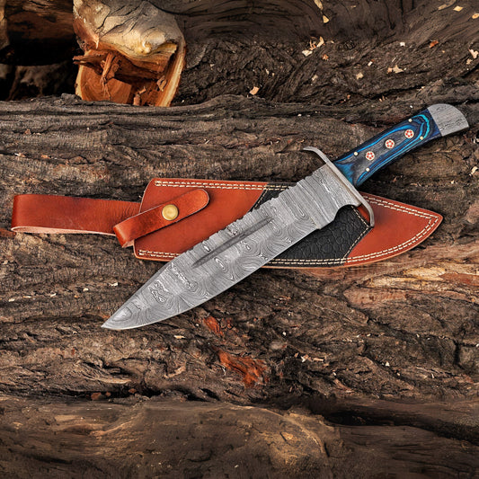 River Runner: 15" Handmade Damascus Steel Bowie Knife- Full Tang - Colored Wood Handle