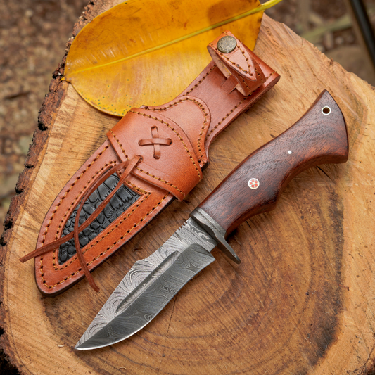 Woodman's Ally - 10.5" Hand Forged Damascus Hunting Knife with Leather Sheath