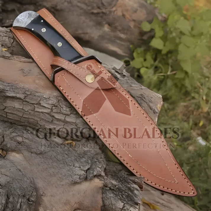 Frontier Finder: 15" Handmade Damascus Steel Bowie Knife- Buffalo Horn Handle