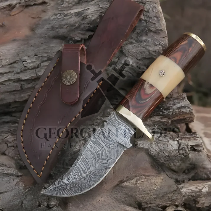 Mike Fink Skinner - CUSTOM HANDMADE FORGED DAMASCUS Steel Hunting Knife Wood & Camel Bone Handle