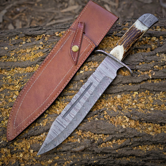 Mountain Majesty: 15" Handmade Damascus Steel Bowie Knife- Full Tang - Stag Antler Handle