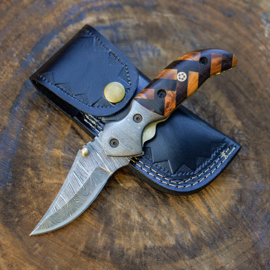 Kit Carson - 7 inches Custom Hand Forged Damascus Folding Knife Damascus Bolster With Olive & Dark Wood Handle