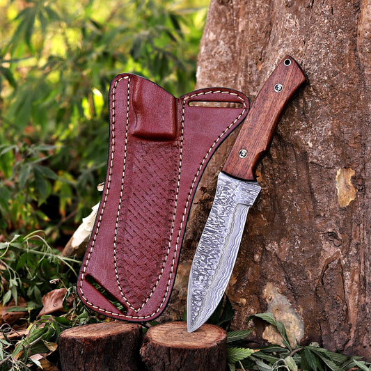 Razorwind - 11" Full Tang Hand Forged Damascus Hunting Knives with Walnut Wood Handle