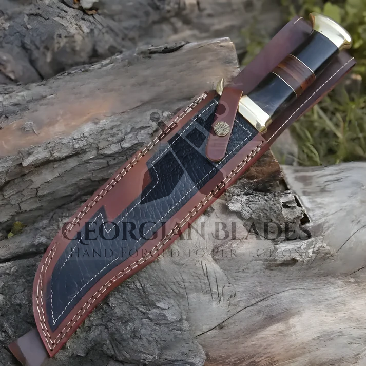 15" Bowie Knife: Scout's Sentine - Handmade D2 Bowie Knife Steel Hunting Fix Blade - Bull Horn & Leather Handle