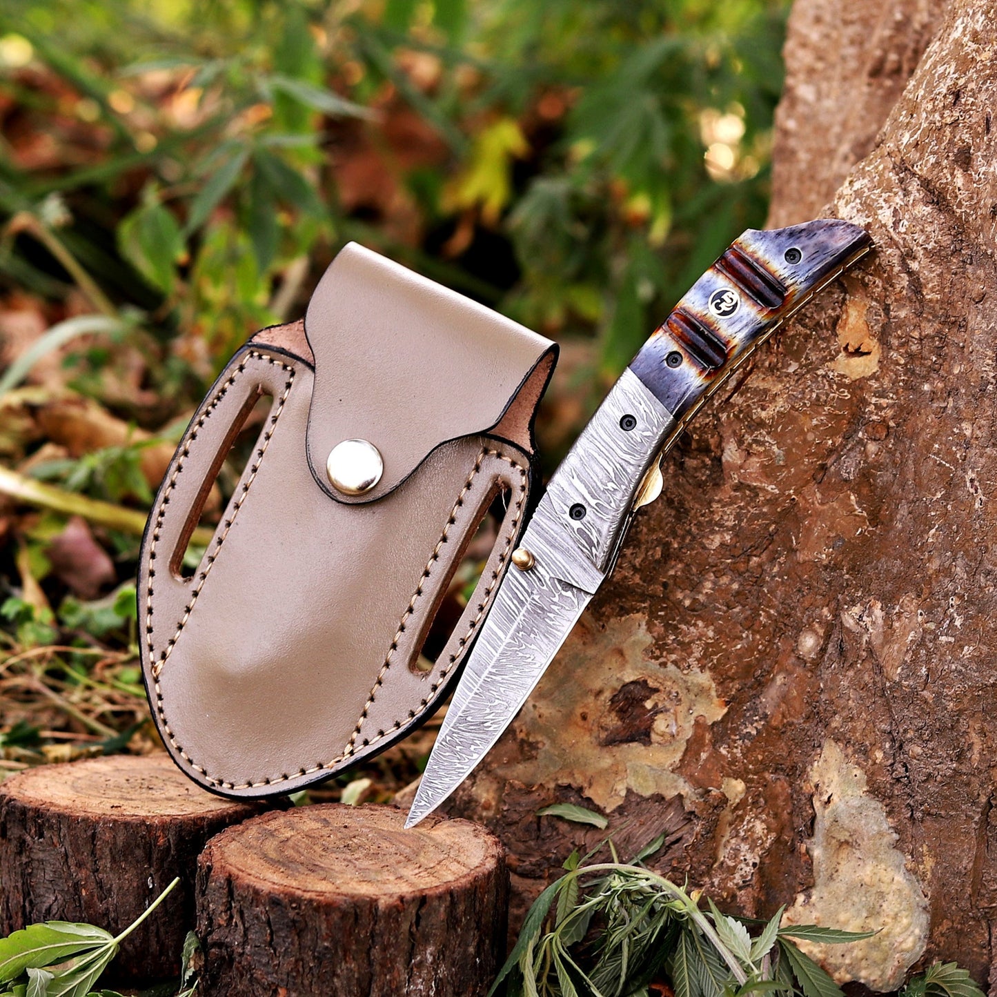 The Glenn Folder – 7.5 inch Damascus Steel Liner Lock Pocket Knife with Bone Handle and Leather Sheath