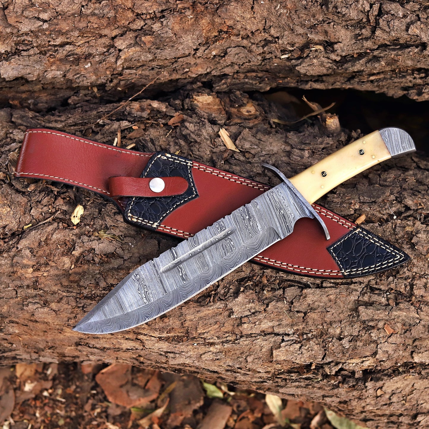 Paul Bunyan Razor - 15" Handmade Damascus Steel Bowie Knife- Full Tang - Camel Bone Handle