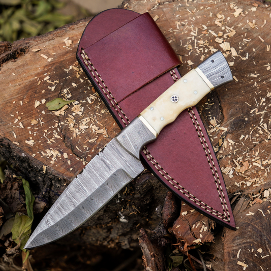 Br'er Rabbit Blade -  8.5” Hand Forged Damascus Steel Full Tang Skinner Knife - Camel Bone Handle