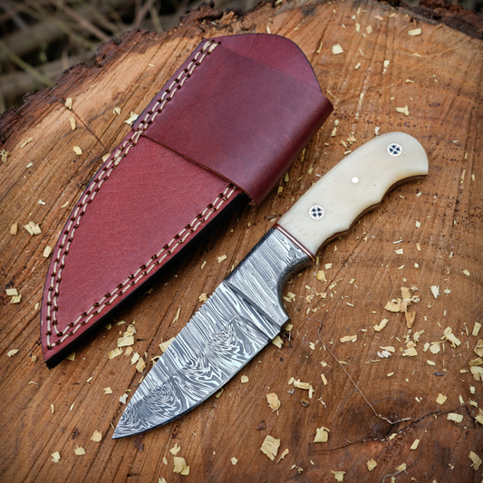 John Henry Slicer - 7.25” Hand Forged Damascus Steel Full Tang Skinner Knife - Camel Bone Handle