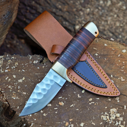 The Outrider – 9-inch Handcrafted Carbon Steel Bushcraft Knife with Leather Stacked Handle & Leather Sheath