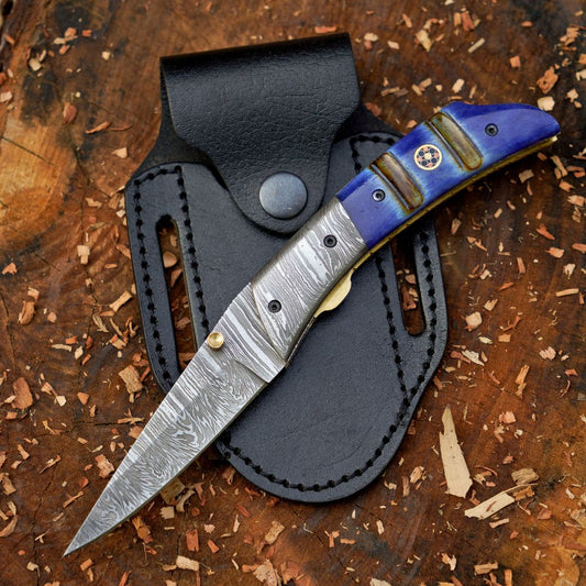 The Sullivan Folder 7.5-inch Hand Forged Damascus Steel Pocket Knife with Leather Sheath