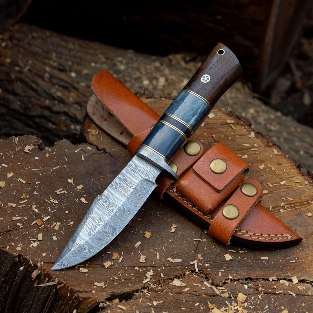 Nature's Bladebearer - 10" Hand Forged Damascus Hunting Knife with Leather Sheath