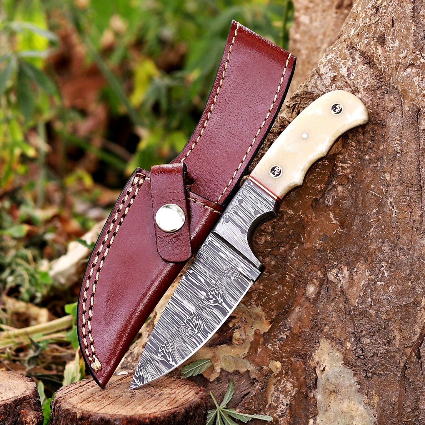 John Henry Slicer - 7.25” Hand Forged Damascus Steel Full Tang Skinner Knife - Camel Bone Handle