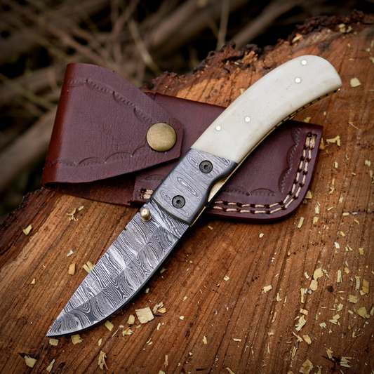 Cartilage Cutter: Hand Forged Damascus Steel Hunting Folding Knife With Damascus Bolster & Camel Bone Handle