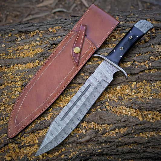 Frontier Finder: 15" Handmade Damascus Steel Bowie Knife- Buffalo Horn Handle