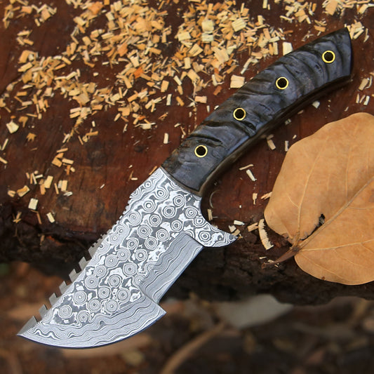 Wilderness Wayfinder: 10” Custom Hand Forged Damascus Steel Tracker Knife With Ram Horn Handle