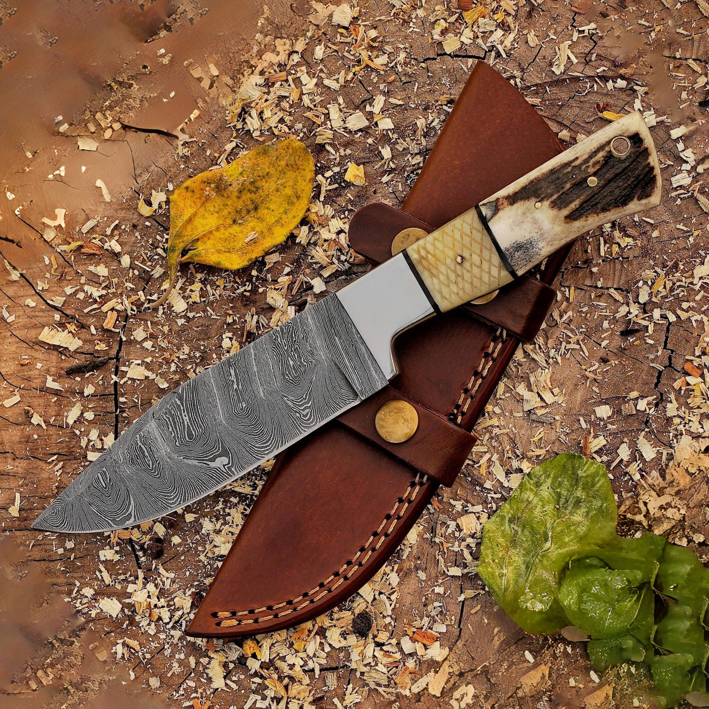 Pecos Pete Slicer: Forged Damascus Steel Skinner Knife EDC 9” -V3 With Stag Antler & Engraved Camel Bone Handle