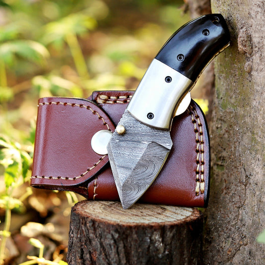 Tiny Torque - Hand Forged 5" EDC Mini Pocket Folding Knife with Leather Sheath