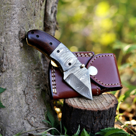 ZenithZing - Hand Forged 5.5" Mini Folding Knife with Leather Sheath