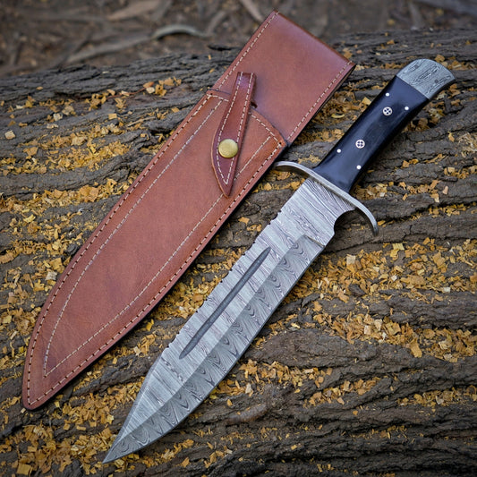 Frontier Finder: 15" Handmade Damascus Steel Bowie Knife- Buffalo Horn Handle