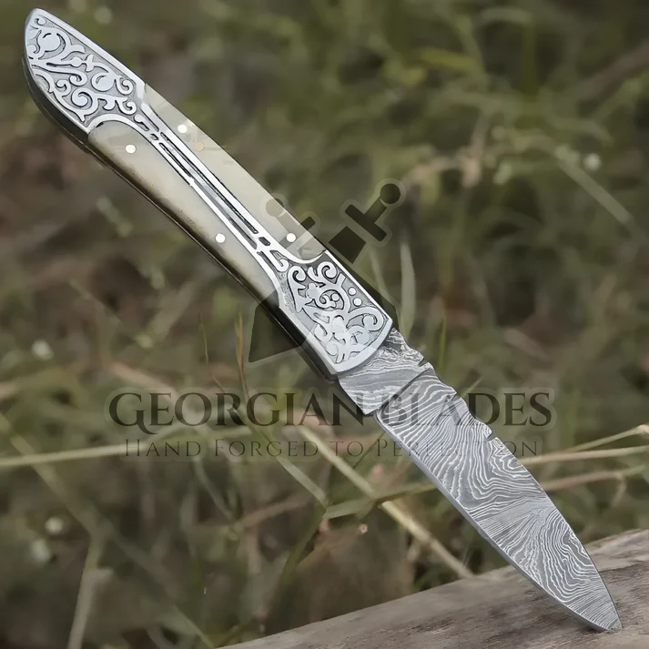 Ivory Edge: 8" Handmade Green Camel Bone Handle Folding Pocket Knife With Engraved Frame Work