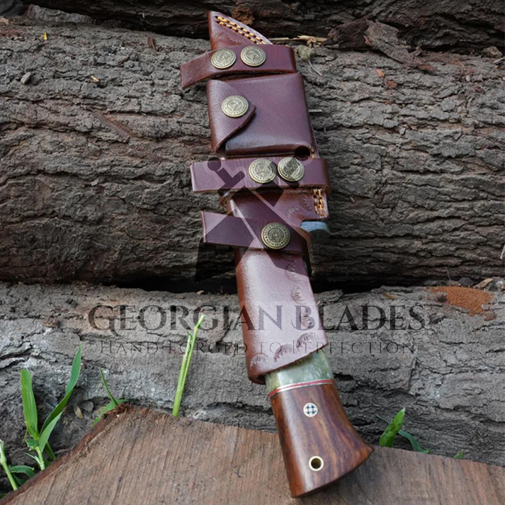 Nature's Bladebearer - 10" Hand Forged Damascus Hunting Knife with Leather Sheath