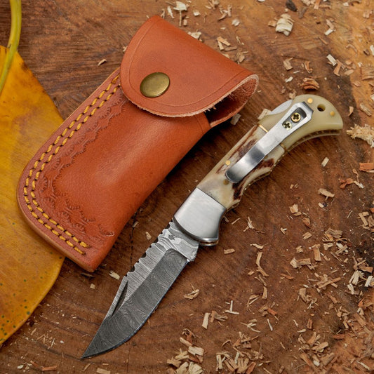 The Sully Folder - 7 inch Pocket Folding Clip Knife with Stag and Bone Handle and Leather Sheath