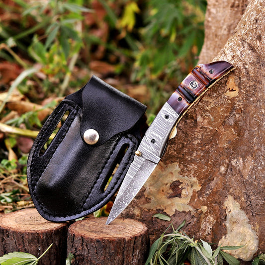 The Nimitz Folder – 7.5 inch Damascus Steel Liner Lock Pocket Knife with Bone Handle and Leather Sheath