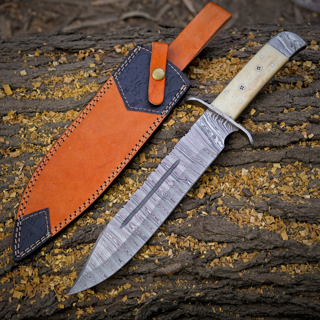 Paul Bunyan Razor - 15" Handmade Damascus Steel Bowie Knife- Full Tang - Camel Bone Handle