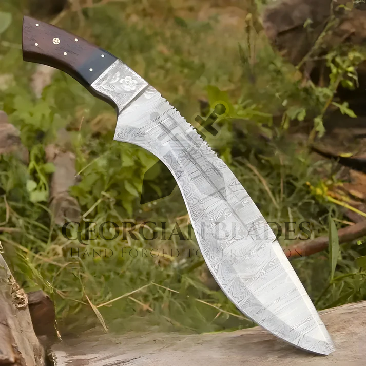 Savage Serpent Kukri: Hand Forged Damascus Steel Survival Hunting Bushcraft Kukri Knife EDC 12” With Cocobolo Wood Bull Horn & Engraved Bolster Handle