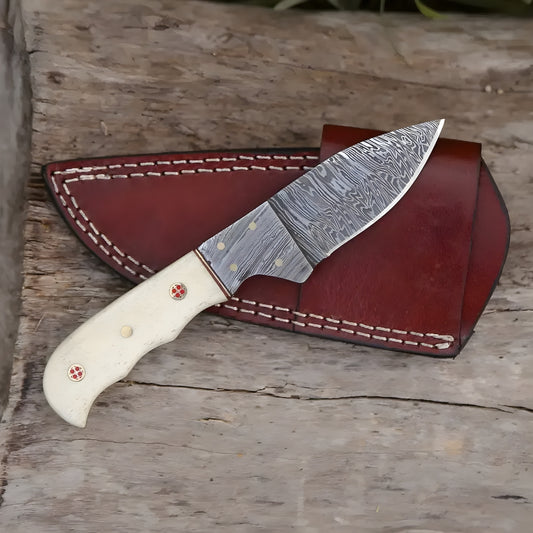 John Henry Slicer - 7.25” Hand Forged Damascus Steel Full Tang Skinner Knife - Camel Bone Handle