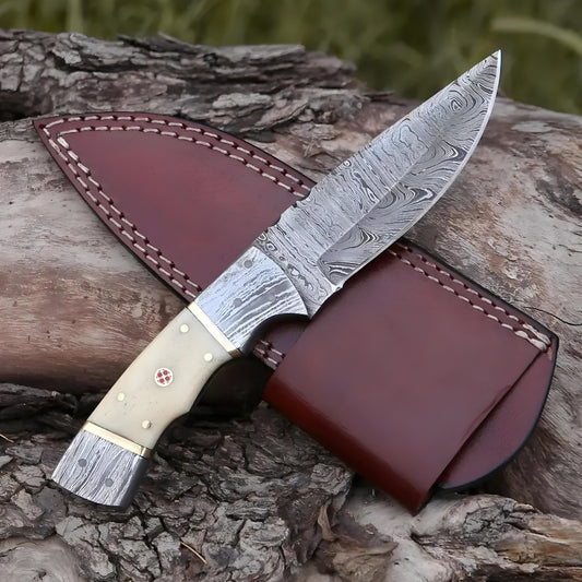 Br'er Rabbit Blade -  8.5” Hand Forged Damascus Steel Full Tang Skinner Knife - Camel Bone Handle
