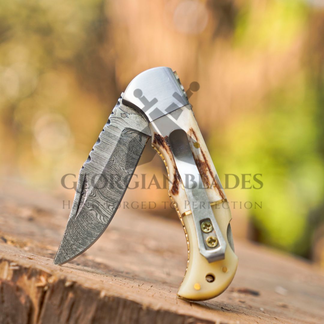 The Sully Folder - 7 inch Pocket Folding Clip Knife with Stag and Bone Handle and Leather Sheath